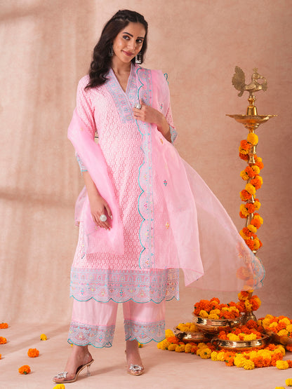 Solid Ethnic Embroidered Crochet Straight Fit Kurta with Palazzo & Dupatta - Pink