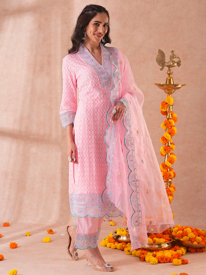 Solid Ethnic Embroidered Crochet Straight Fit Kurta with Palazzo & Dupatta - Pink