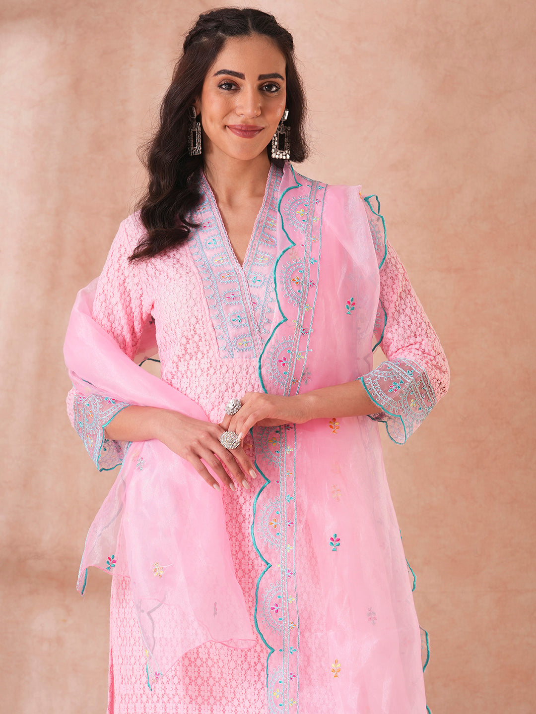 Solid Ethnic Embroidered Crochet Straight Fit Kurta with Palazzo & Dupatta - Pink