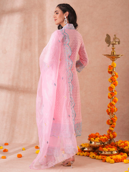 Solid Ethnic Embroidered Crochet Straight Fit Kurta with Palazzo & Dupatta - Pink