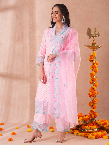 Solid Ethnic Embroidered Crochet Straight Fit Kurta with Palazzo & Dupatta - Pink