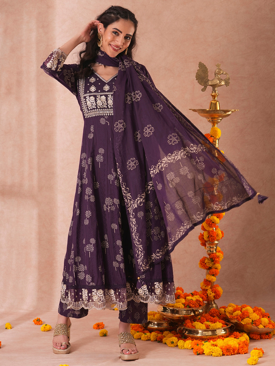 Ethnic Printed Embroidered Anarkali Flared Kurta with Pant and Dupatta - Deep Purple