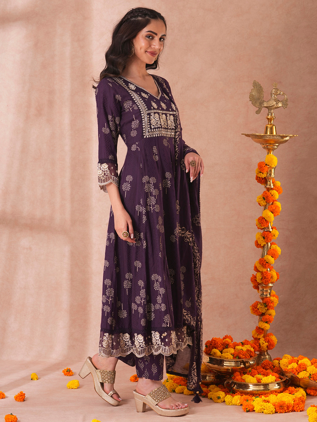 Ethnic Printed Embroidered Anarkali Flared Kurta with Pant and Dupatta - Deep Purple