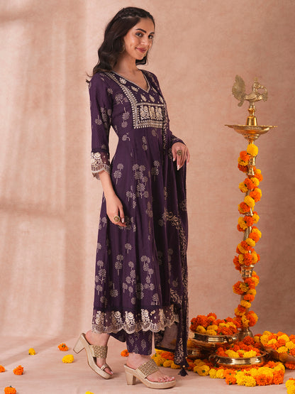 Ethnic Printed Embroidered Anarkali Flared Kurta with Pant and Dupatta - Deep Purple