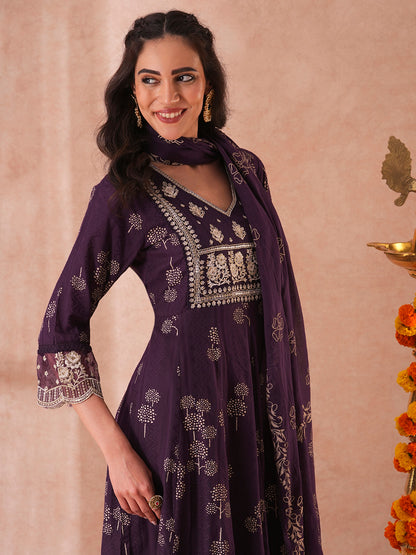 Ethnic Printed Embroidered Anarkali Flared Kurta with Pant and Dupatta - Deep Purple