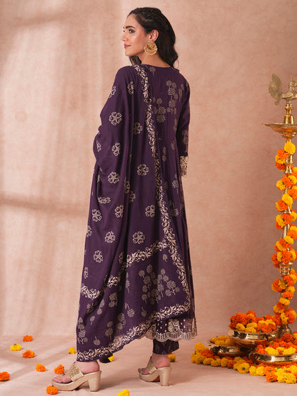 Ethnic Printed Embroidered Anarkali Flared Kurta with Pant and Dupatta - Deep Purple