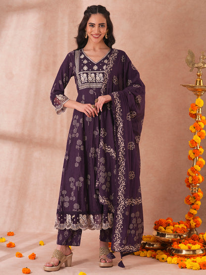 Ethnic Printed Embroidered Anarkali Flared Kurta with Pant and Dupatta - Deep Purple