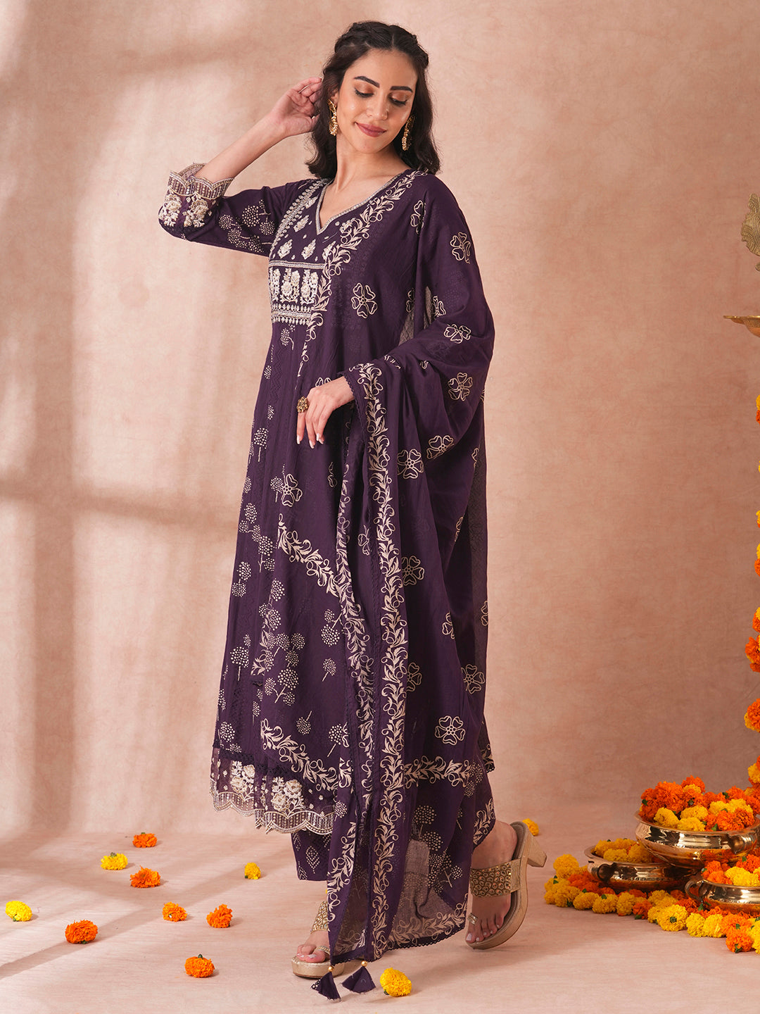 Ethnic Printed Embroidered Anarkali Flared Kurta with Pant and Dupatta - Deep Purple