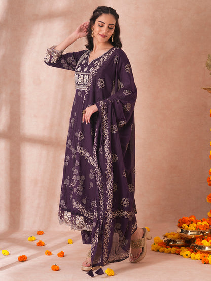 Ethnic Printed Embroidered Anarkali Flared Kurta with Pant and Dupatta - Deep Purple