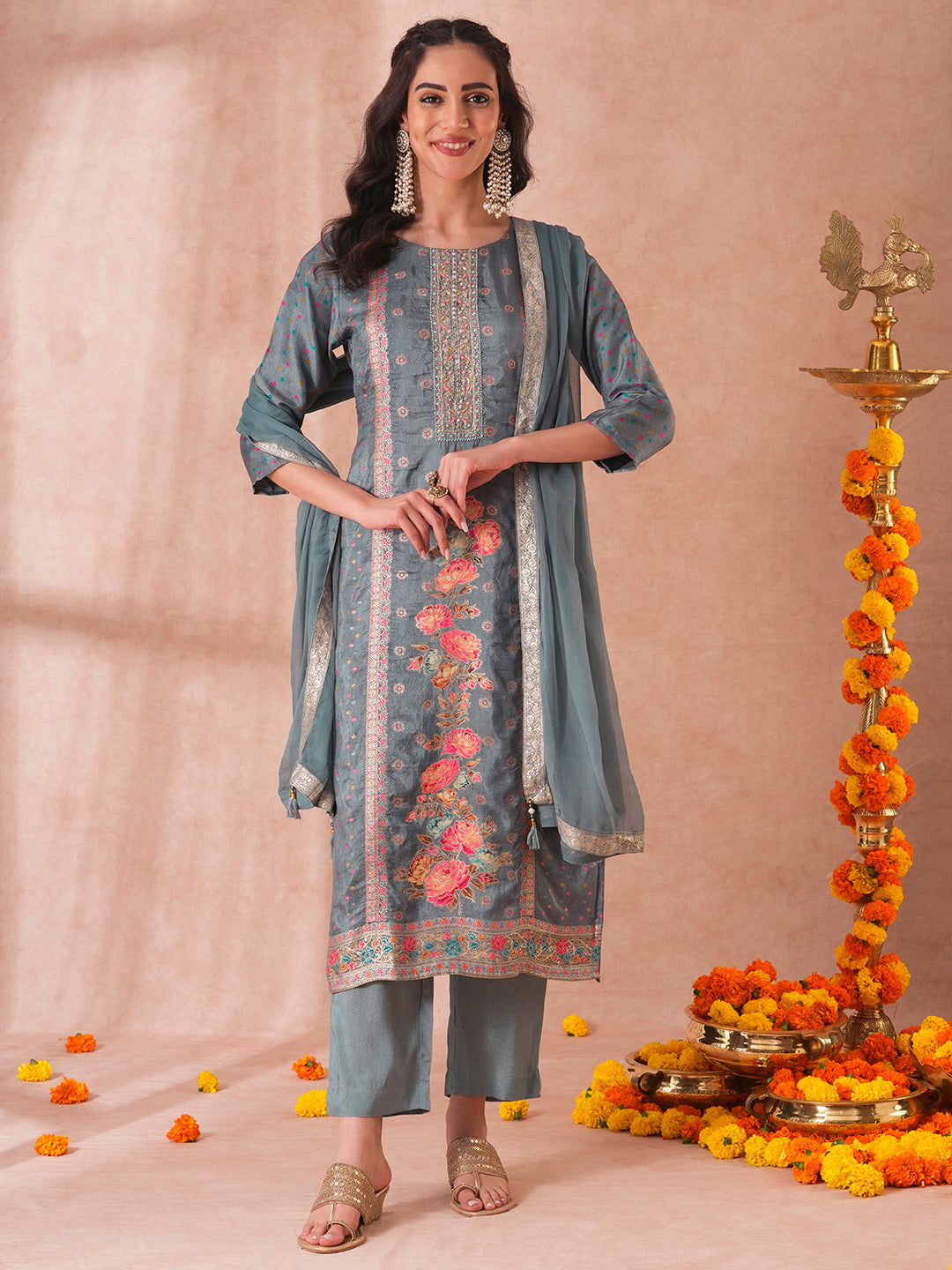 Ethnic Floral Hand Embroidered Jacquard Straight Fit Kurta with Pant and Dupatta - Steel Blue