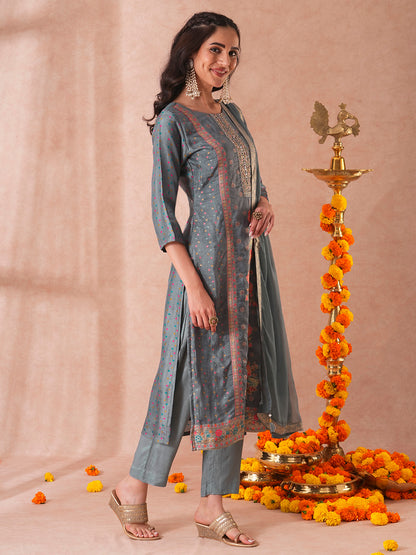 Ethnic Floral Hand Embroidered Jacquard Straight Fit Kurta with Pant and Dupatta - Steel Blue