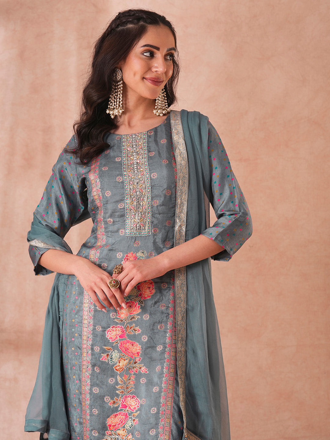 Ethnic Floral Hand Embroidered Jacquard Straight Fit Kurta with Pant and Dupatta - Steel Blue