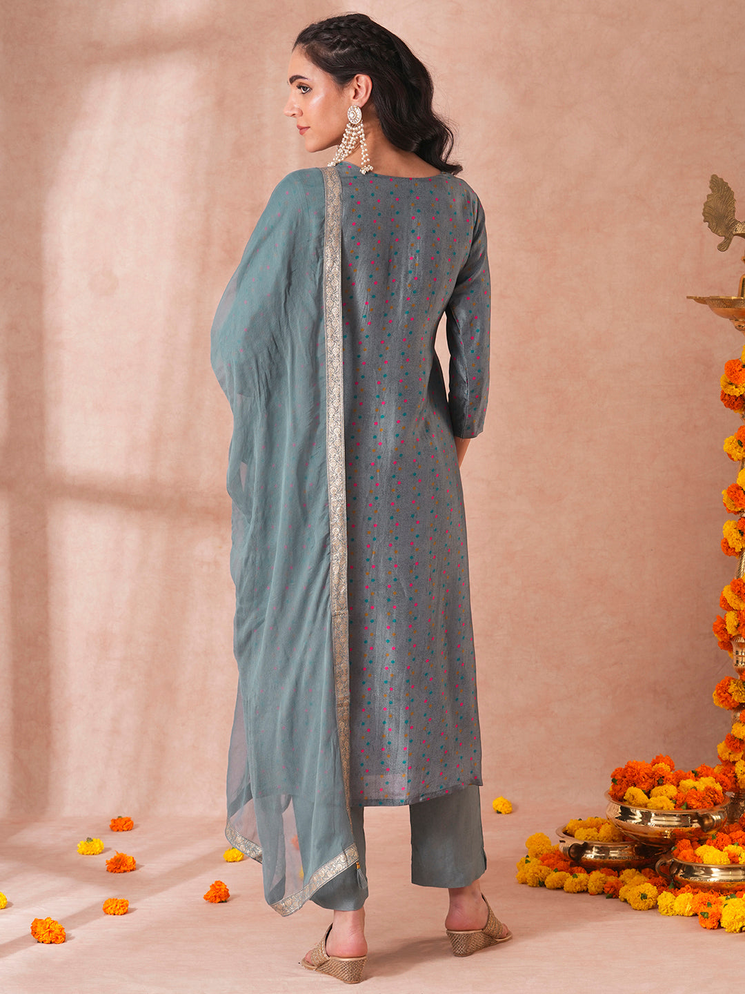 Ethnic Floral Hand Embroidered Jacquard Straight Fit Kurta with Pant and Dupatta - Steel Blue