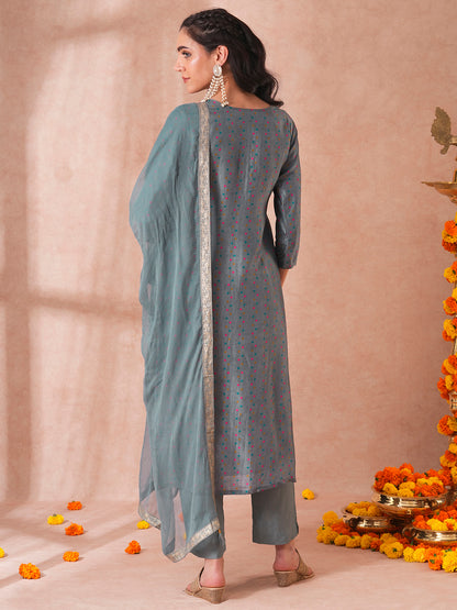 Ethnic Floral Hand Embroidered Jacquard Straight Fit Kurta with Pant and Dupatta - Steel Blue