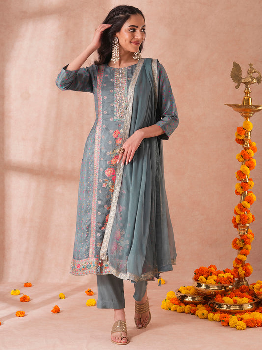 Ethnic Floral Hand Embroidered Jacquard Straight Fit Kurta with Pant and Dupatta - Steel Blue