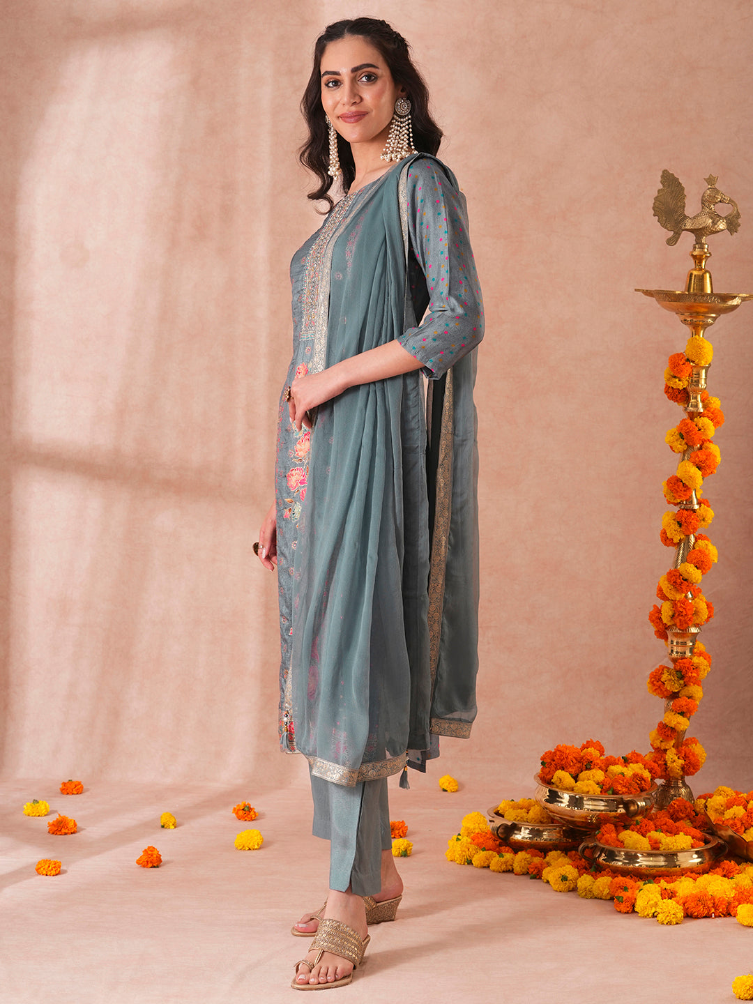 Ethnic Floral Hand Embroidered Jacquard Straight Fit Kurta with Pant and Dupatta - Steel Blue