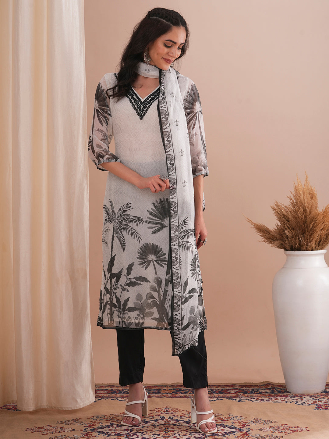 Ethnic Floral Printed & Embroidered Straight Fit Kurta with Pant and Printed Dupatta - White