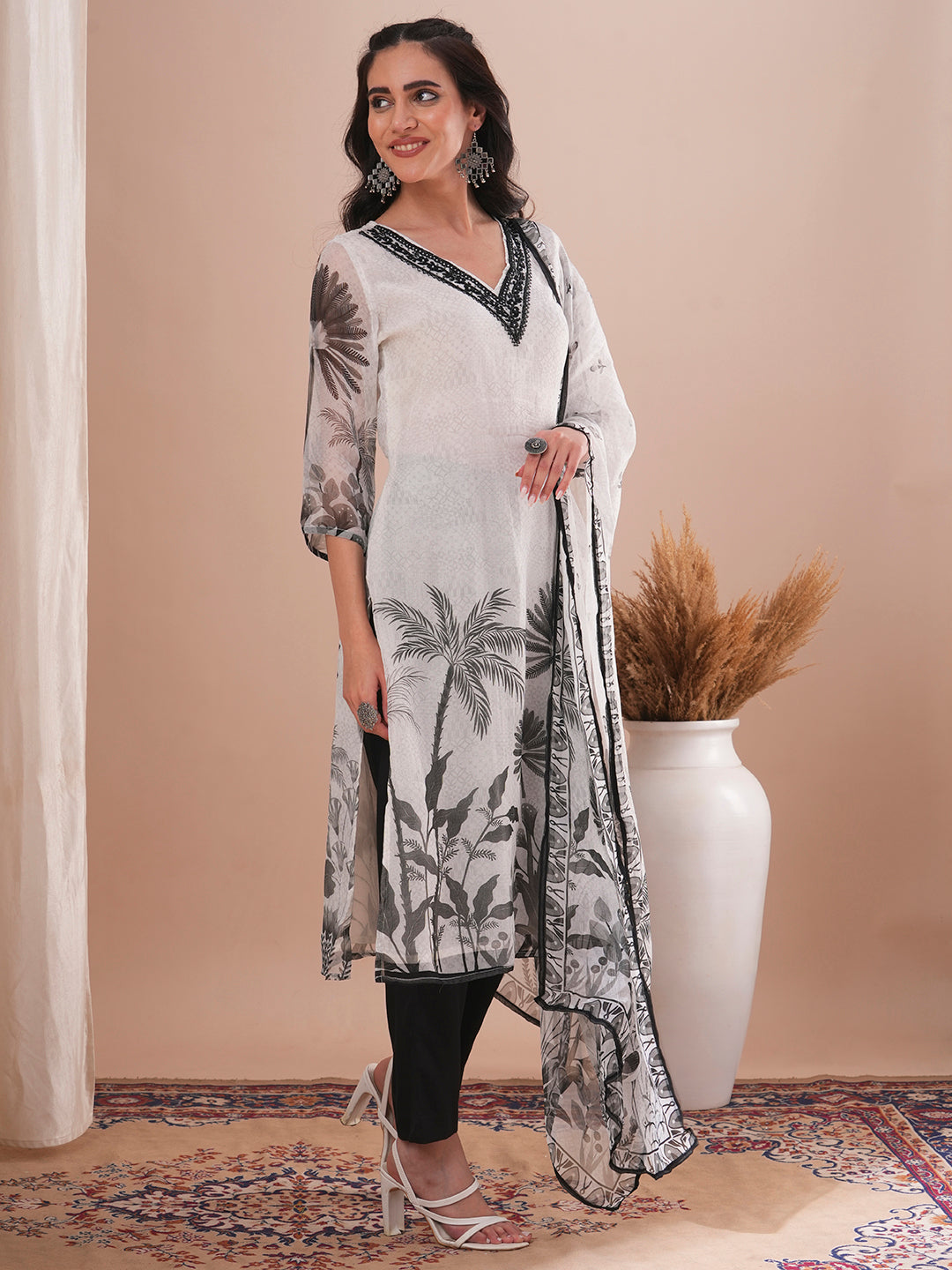 Ethnic Floral Printed & Embroidered Straight Fit Kurta with Pant and Printed Dupatta - White