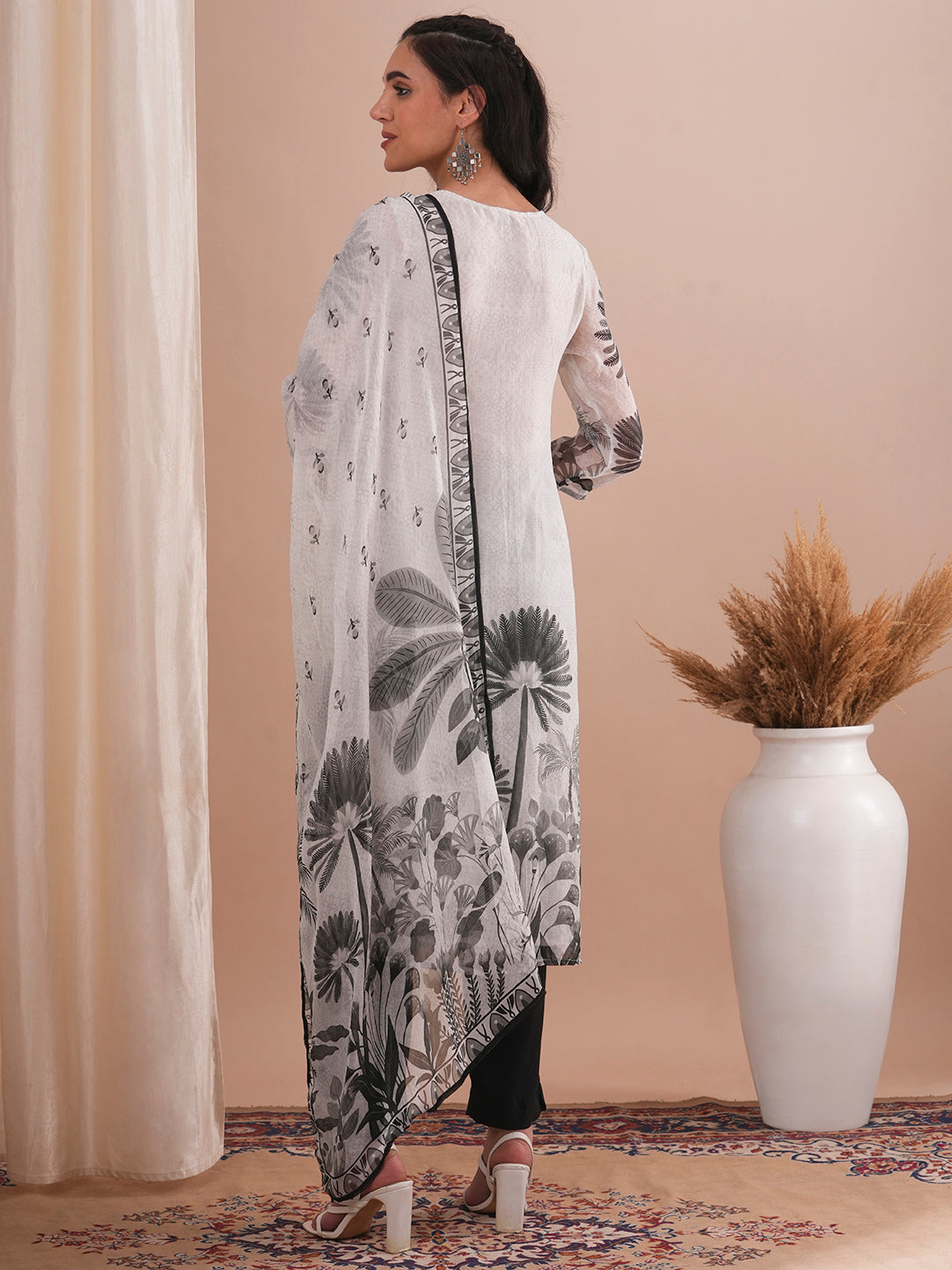 Ethnic Floral Printed & Embroidered Straight Fit Kurta with Pant and Printed Dupatta - White