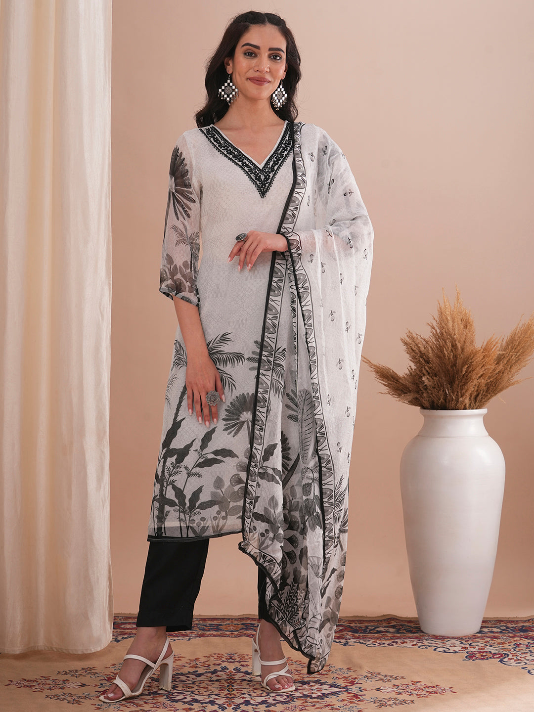 Ethnic Floral Printed & Embroidered Straight Fit Kurta with Pant and Printed Dupatta - White