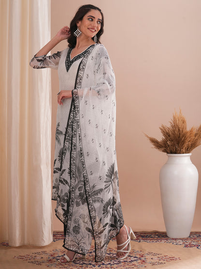 Ethnic Floral Printed & Embroidered Straight Fit Kurta with Pant and Printed Dupatta - White