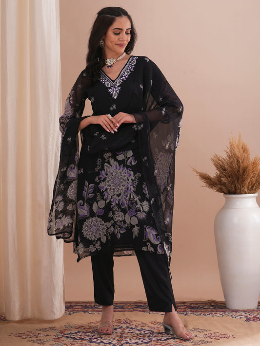 Floral Printed & Embroidered Straight Fit Kurta with Pant and Dupatta - Black