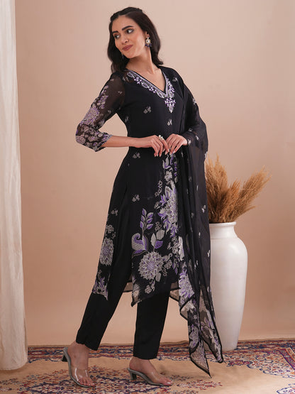 Floral Printed & Embroidered Straight Fit Kurta with Pant and Dupatta - Black