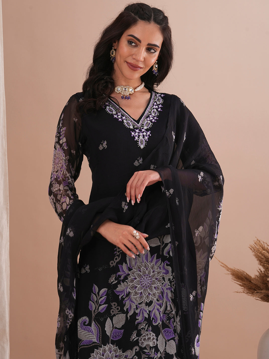 Floral Printed & Embroidered Straight Fit Kurta with Pant and Dupatta - Black