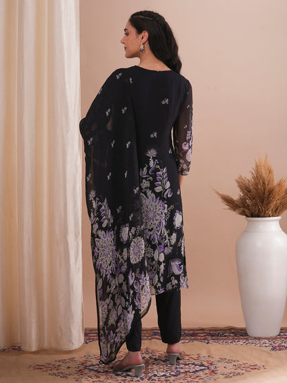 Floral Printed & Embroidered Straight Fit Kurta with Pant and Dupatta - Black