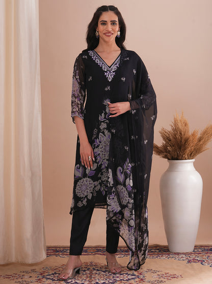 Floral Printed & Embroidered Straight Fit Kurta with Pant and Dupatta - Black