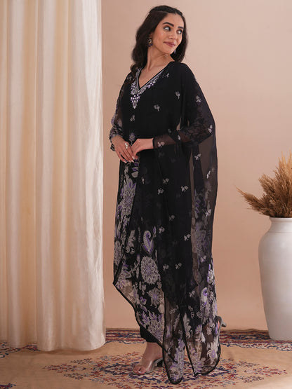 Floral Printed & Embroidered Straight Fit Kurta with Pant and Dupatta - Black