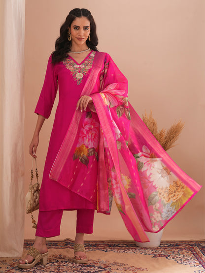 Solid Floral Embroidered Straight Kurta with Pant & Printed Dupatta - Pink
