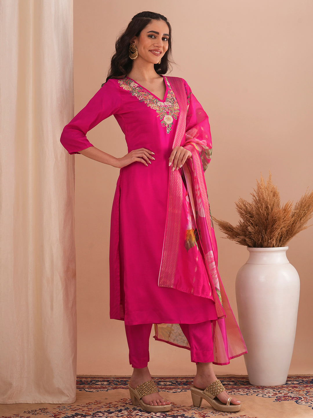 Solid Floral Embroidered Straight Kurta with Pant & Printed Dupatta - Pink