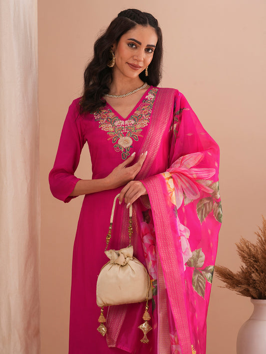 Solid Floral Embroidered Straight Kurta with Pant & Printed Dupatta - Pink