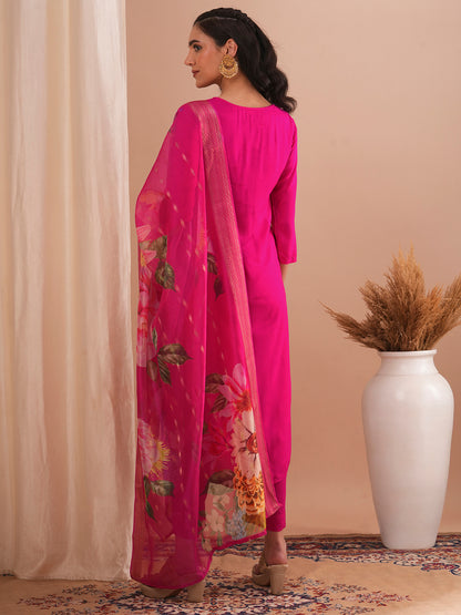 Solid Floral Embroidered Straight Kurta with Pant & Printed Dupatta - Pink