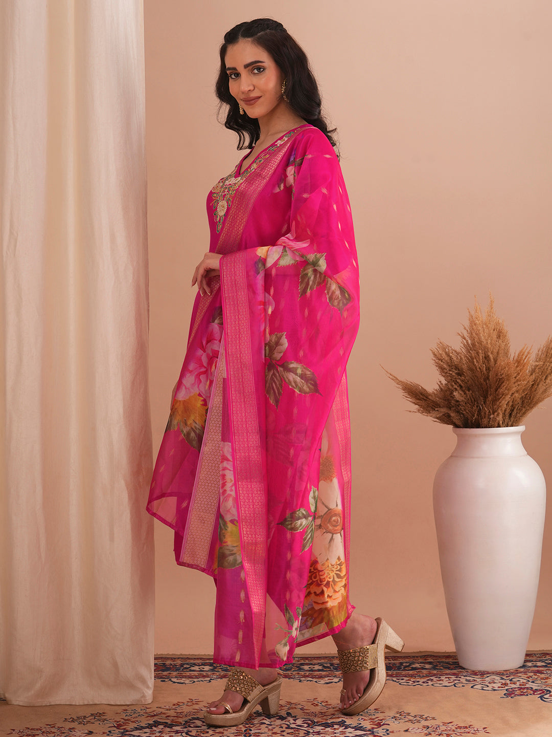 Solid Floral Embroidered Straight Kurta with Pant & Printed Dupatta - Pink
