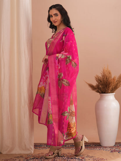 Solid Floral Embroidered Straight Kurta with Pant & Printed Dupatta - Pink