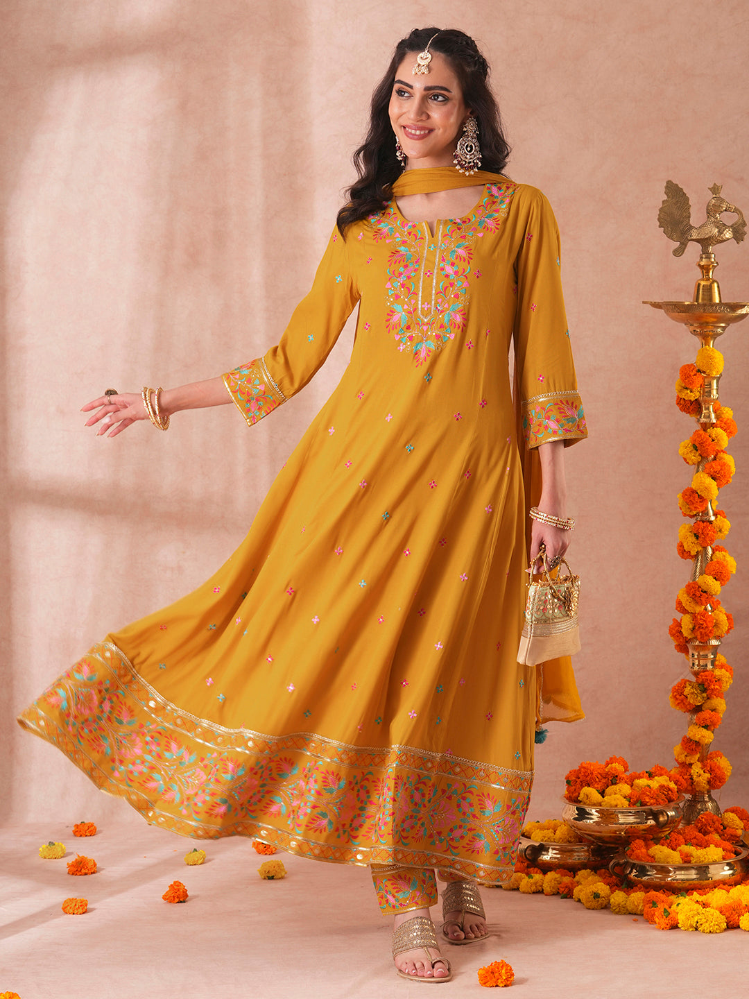 Solid Floral Embroidered Anarkali Flared Kurta with Pant and Dupatta - Mustard