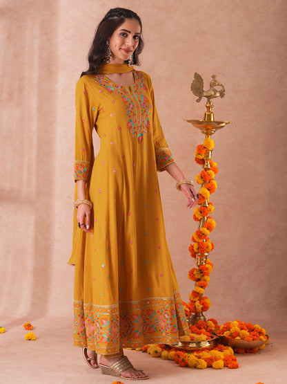 Solid Floral Embroidered Anarkali Flared Kurta with Pant and Dupatta - Mustard