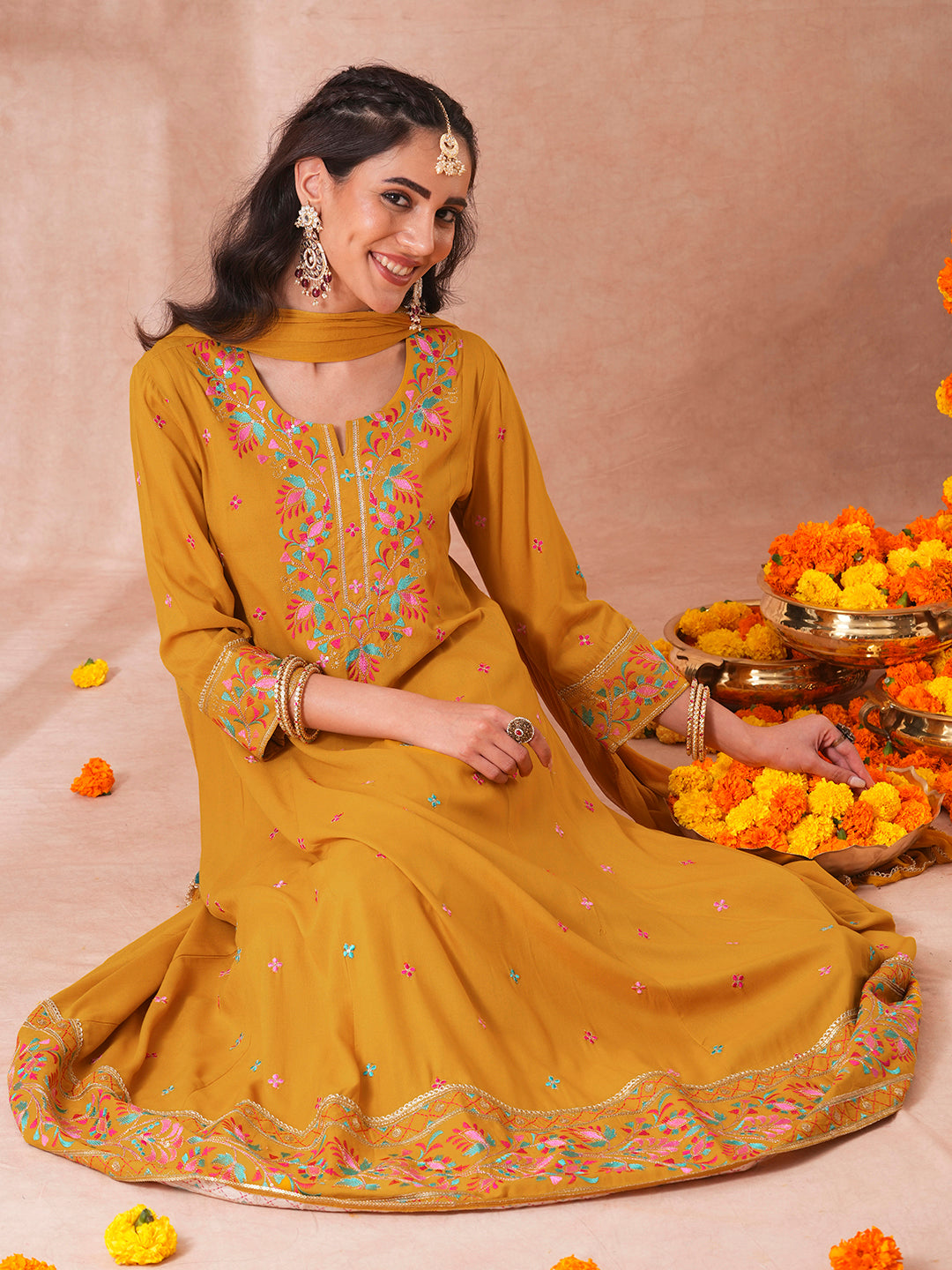 Solid Floral Embroidered Anarkali Flared Kurta with Pant and Dupatta - Mustard