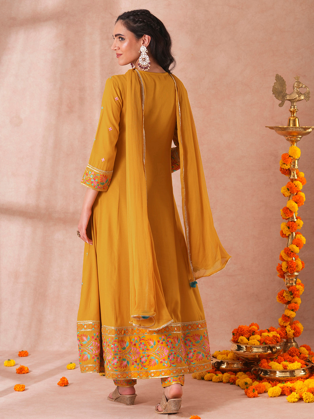 Solid Floral Embroidered Anarkali Flared Kurta with Pant and Dupatta - Mustard