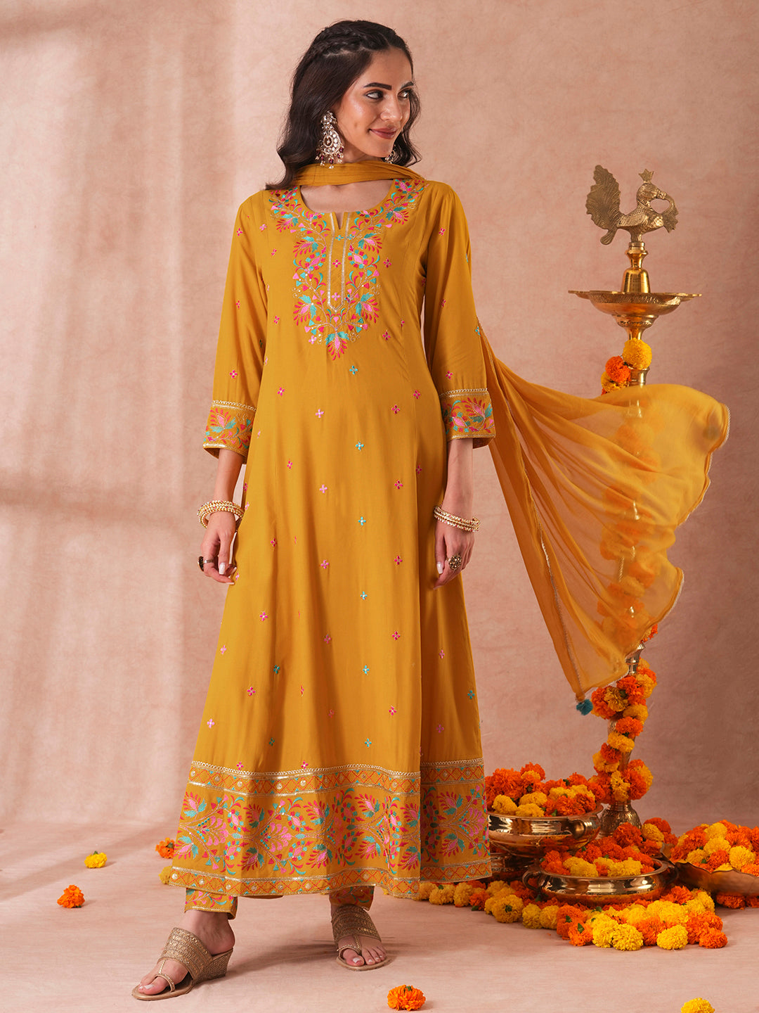 Solid Floral Embroidered Anarkali Flared Kurta with Pant and Dupatta - Mustard