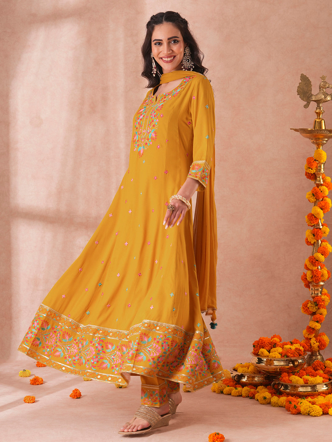 Solid Floral Embroidered Anarkali Flared Kurta with Pant and Dupatta - Mustard