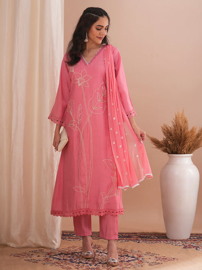 Floral Embroidered A-Line Kurta with Pant and Dupatta - Pink