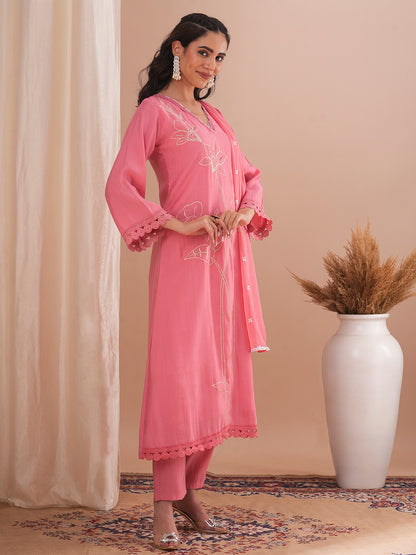 Floral Embroidered A-Line Kurta with Pant and Dupatta - Pink