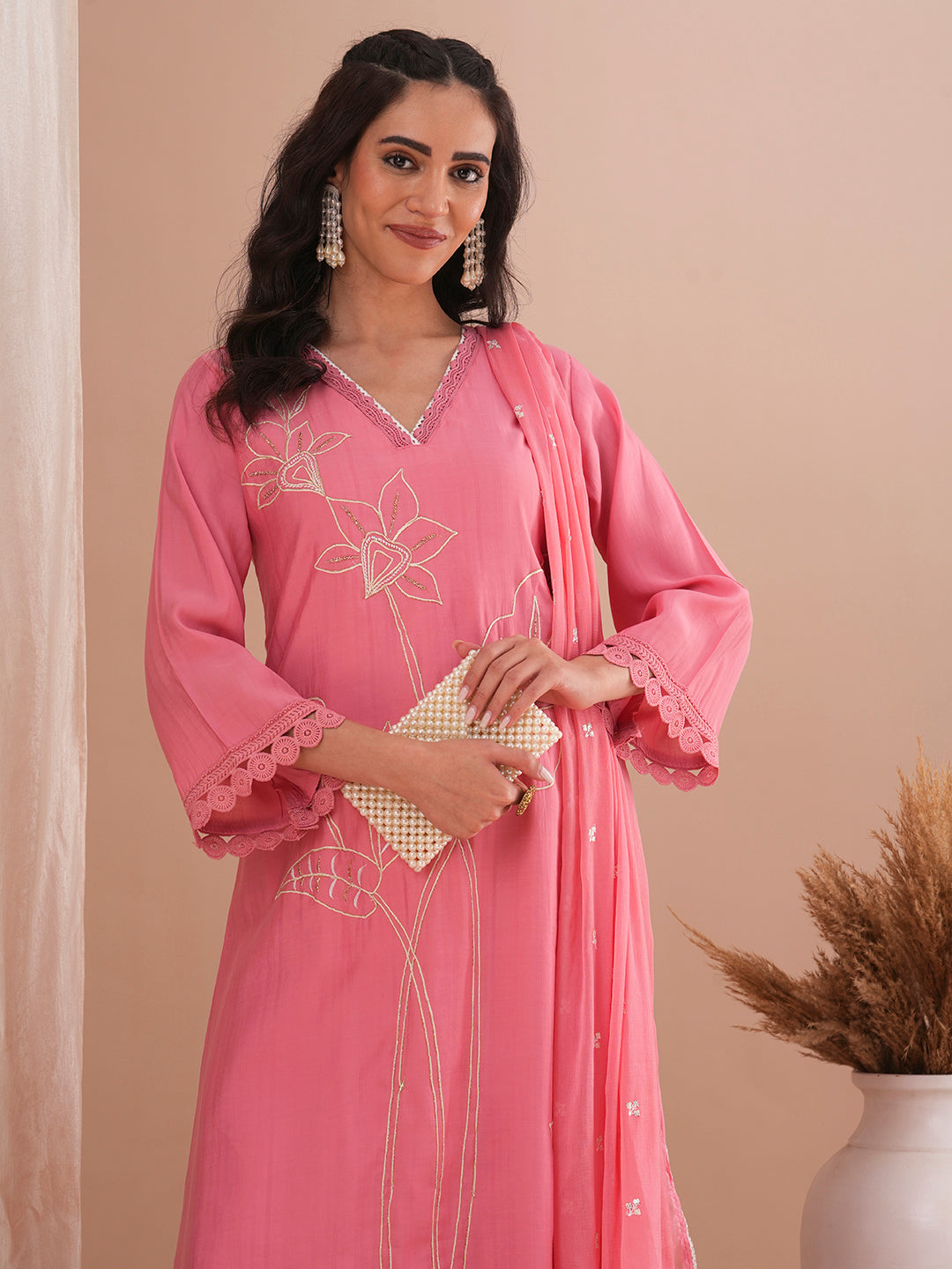 Floral Embroidered A-Line Kurta with Pant and Dupatta - Pink