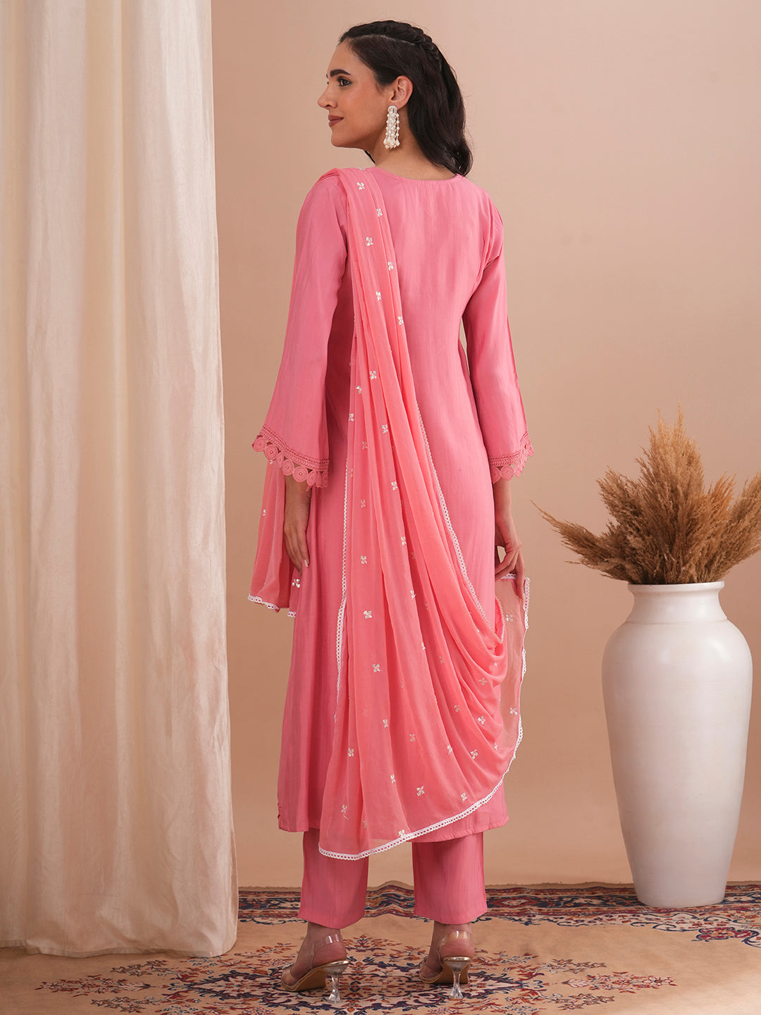 Floral Embroidered A-Line Kurta with Pant and Dupatta - Pink