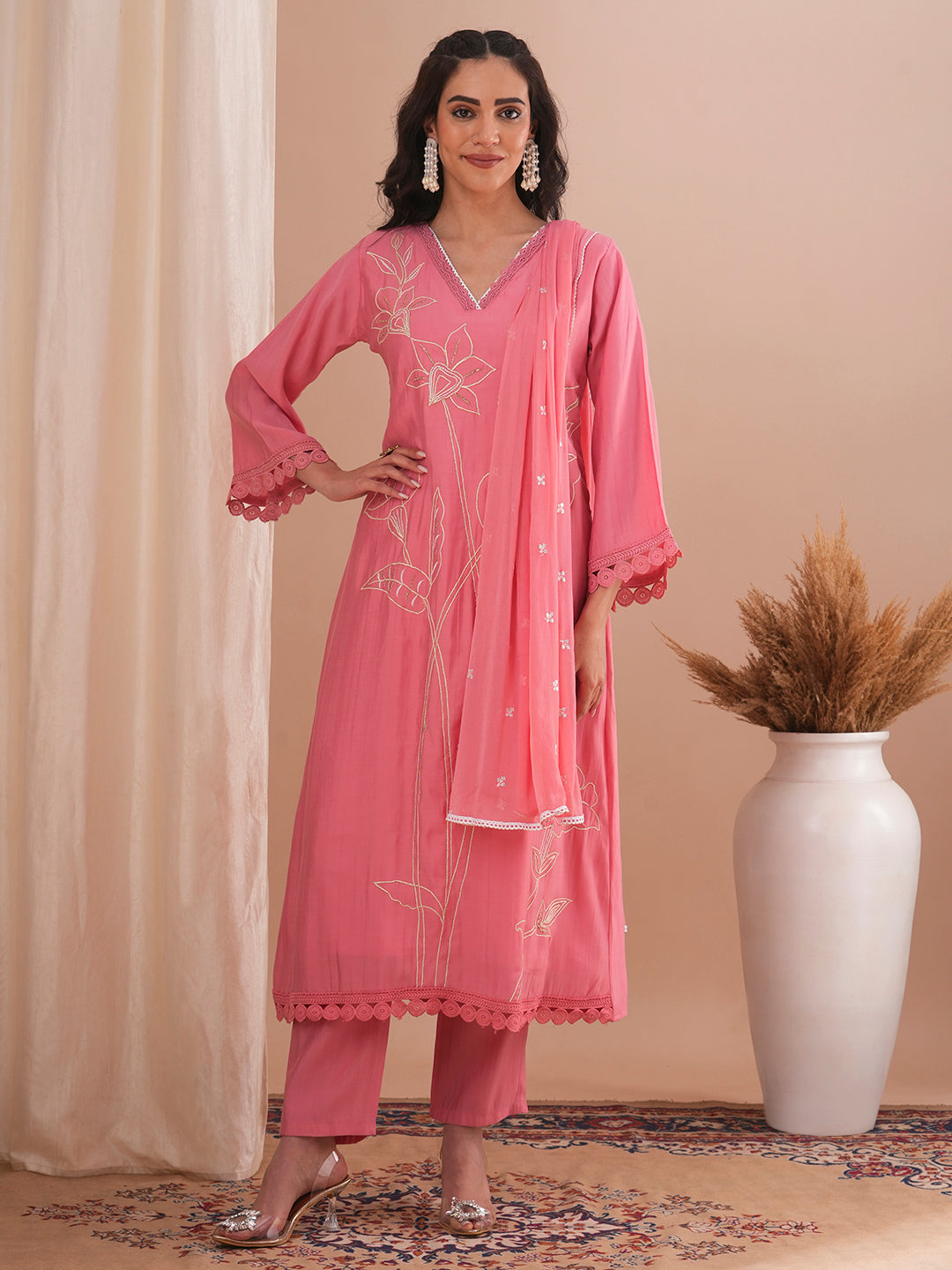 Floral Embroidered A-Line Kurta with Pant and Dupatta - Pink