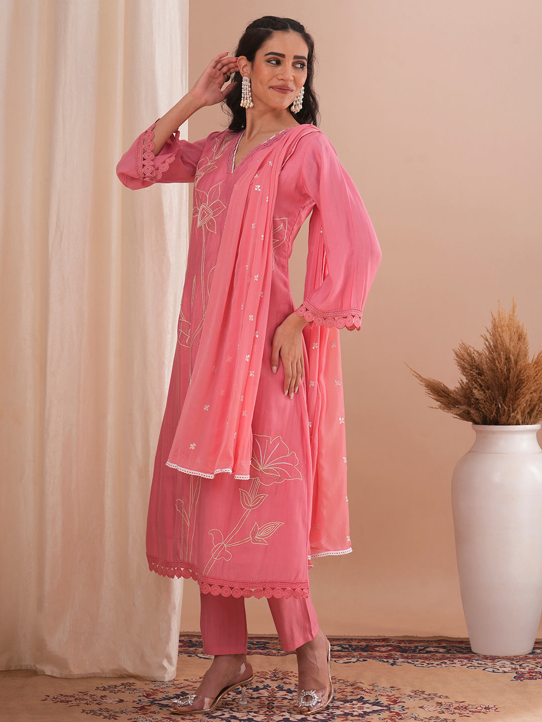 Floral Embroidered A-Line Kurta with Pant and Dupatta - Pink