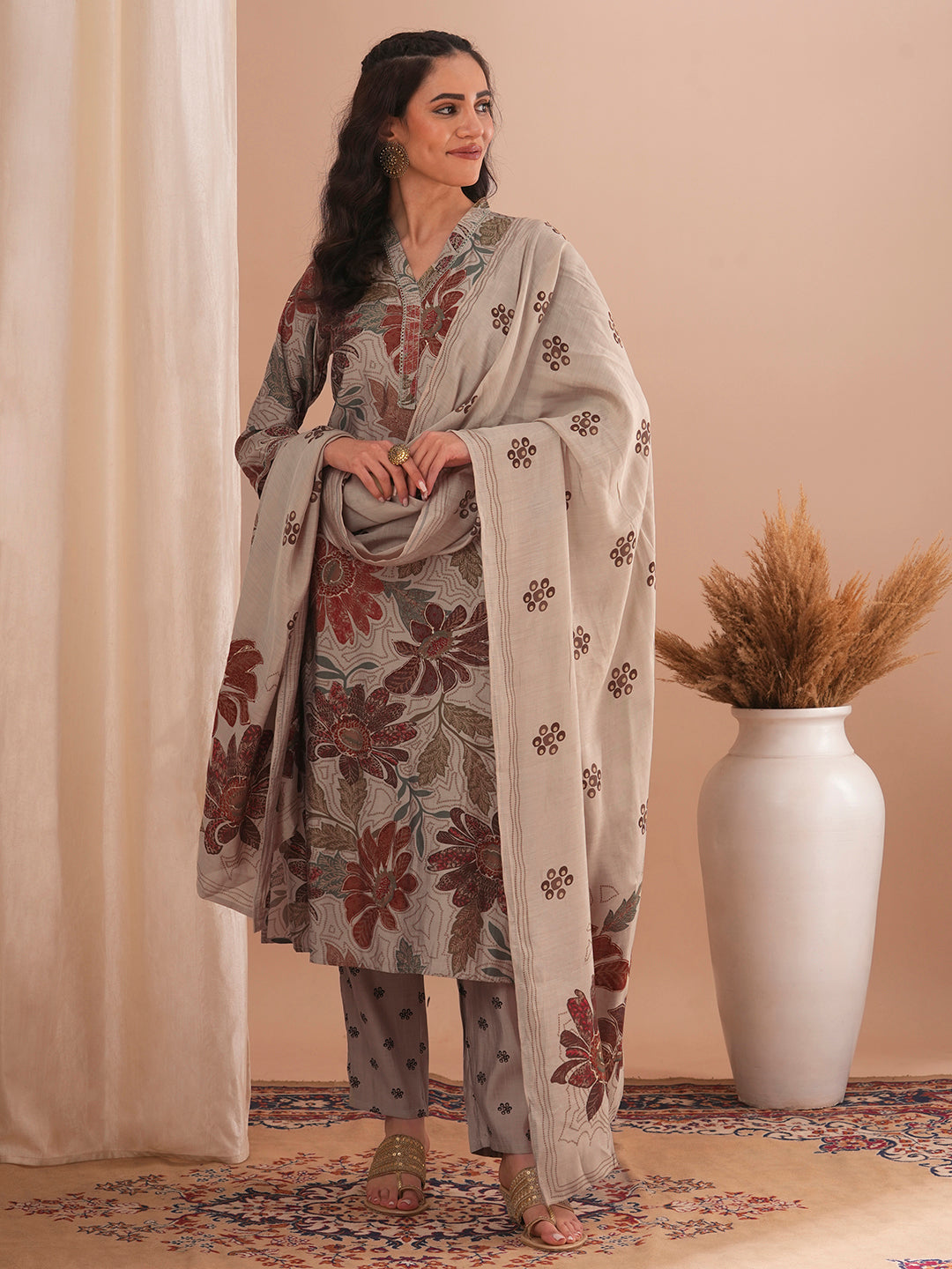 Abstract Floral Foil Printed Straight Fit Kurta with Pant and Dupatta - Taupe